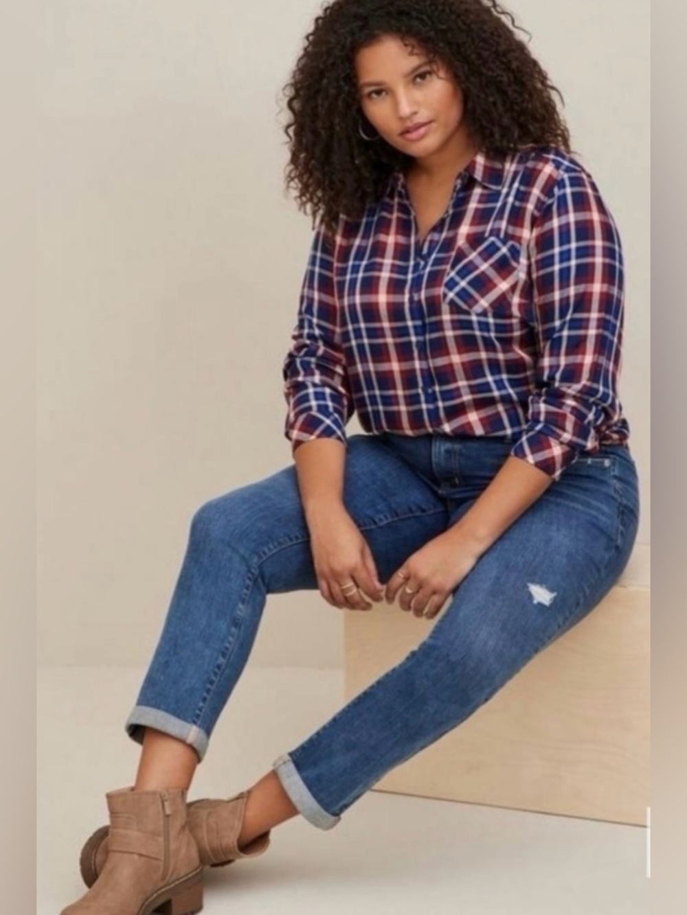 Torrid Plaid Button Up Long Sleeves Shirt Size 5X Navy Blue Red & White